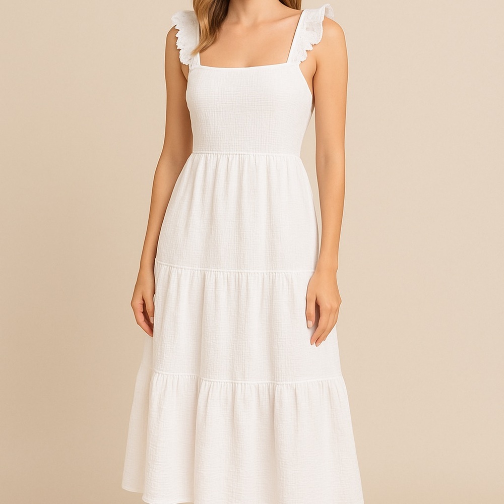 Pink Lily White Ruffled Strap Midi Dress